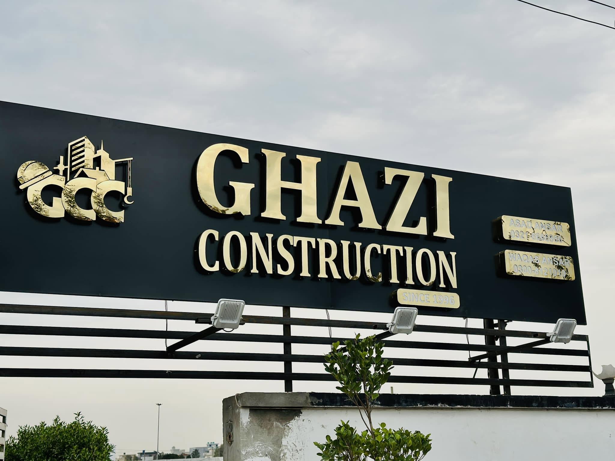 Ghazi Construction signboard in Lahore — the GCC logo with the wordmark and 'Since 1996'